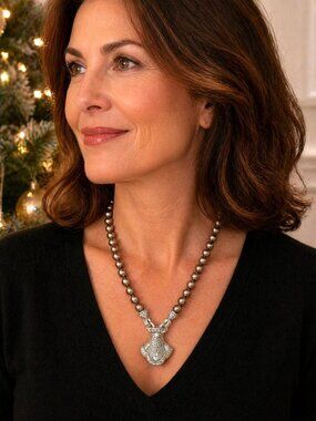 Judith Jack Marcasite Necklace Sterling Silver Black Pearl CZ Pendant 15" NWT